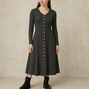 Vintage 90s Karen Alexander Dress M Gray Wool Blend Button Front‎ Knit USA